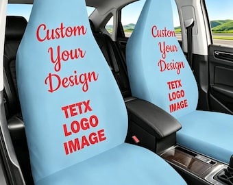 May include: Two light blue car seat covers featuring red text that reads Custom Your Design and TETX LOGO IMAGE. The covers are fitted over the front seats of a vehicle, providing a smooth, solid-colored surface for personalized graphics.