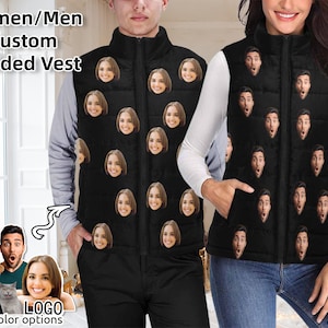 May include: Black padded vest with a custom photo design. The vest has a zipper closure and multiple pockets. The text "Women/Men Custom Padded Vest" and "LOGO 28 color options" is visible on the image.