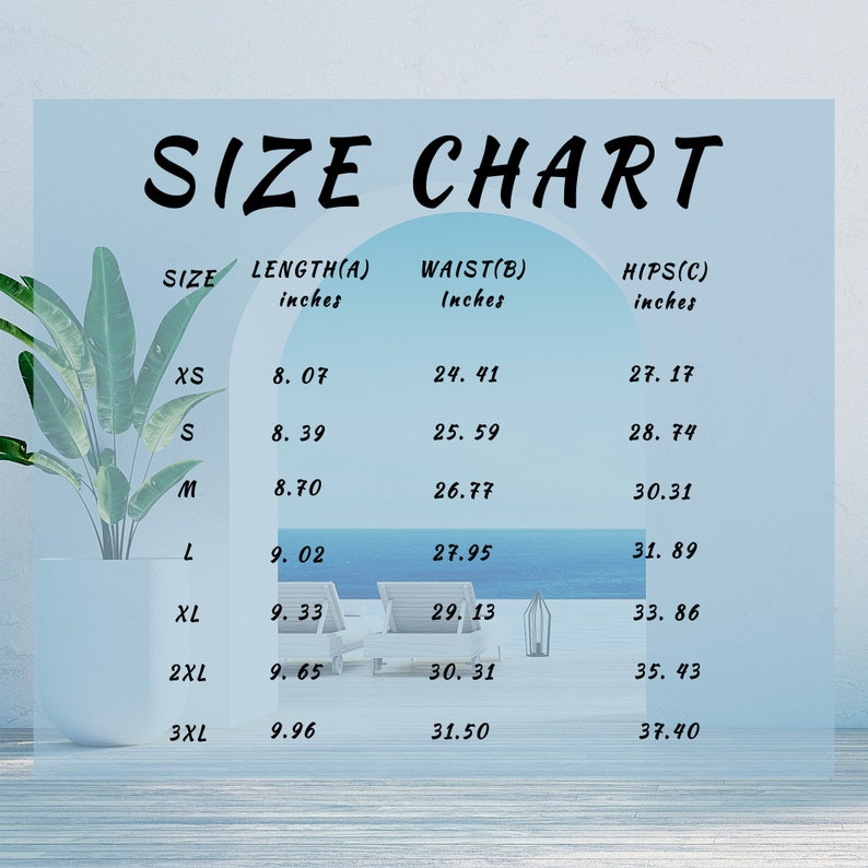May include: Size chart for clothing with measurements in inches. The chart shows sizes XS through 3XL with corresponding measurements for length, waist, and hips.