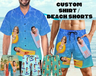 Custom Face Hawaiian Shirt Men Hawaiian Shirt Button Up Shirt Man Customize Shirt/Beach Shorts Gift for Him Christmas Funny Father Day Gift