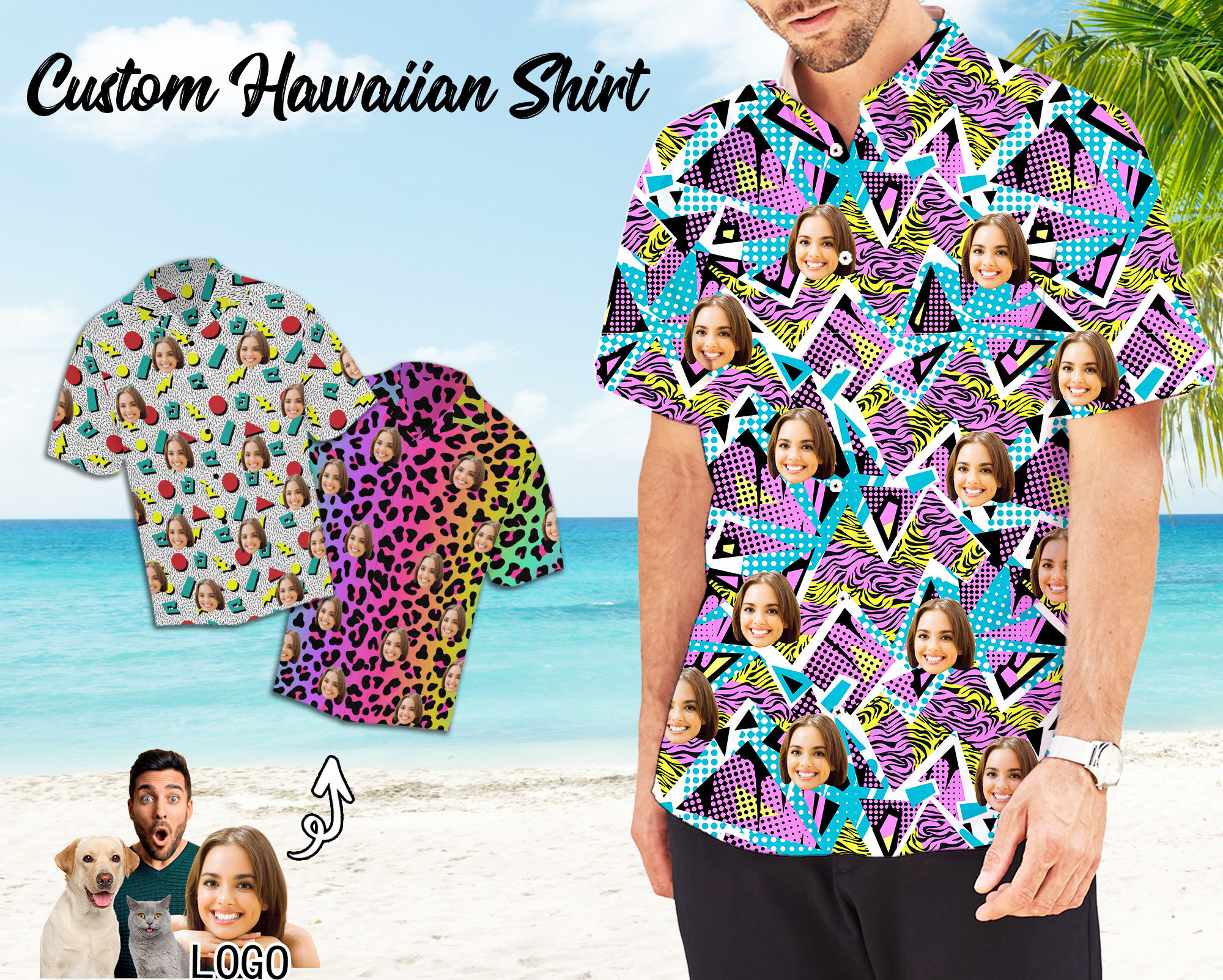 Customized Hawaiian Shirt with Face Custom Short Sleeve Shirt Customizable Memphis Shirt for Men Bachelor Party Shirts Father's Day Gifts