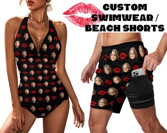 Custom Face Swimwear Customize Women's Swimsuit Personalized Summer Funny Holiday Wife Face Swim shorts Husband Anniversary Couple outfit