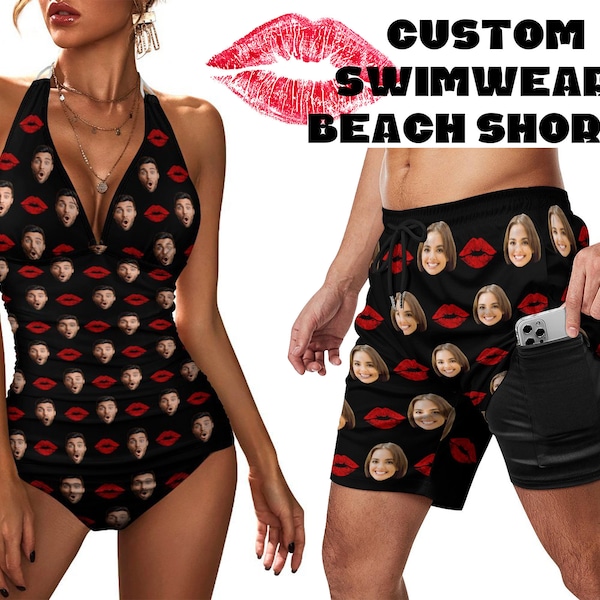 Custom Face Swimwear Customize Women's Swimsuit Personalized Summer Funny Holiday Wife Face Swim shorts Husband Anniversary Couple outfit