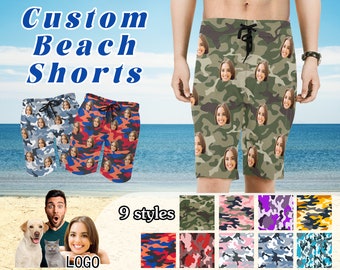 Custom Swim Trunks Personalized Men Photo Swim Shorts Camouflage pattern Swimsuit Face Beach Shorts Logo Swimwear Gifts for Boyfriend/Men