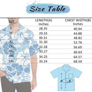 May include: Size chart for a shirt with measurements in inches for length and chest width. The chart shows sizes from S to 5XL. A diagram shows how to measure length (A) and chest width (B).