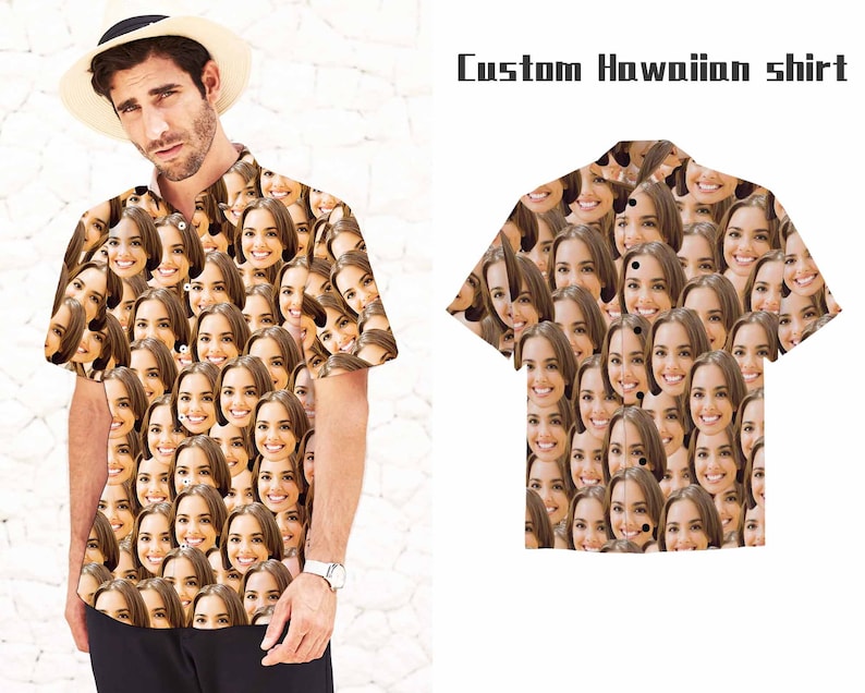 May include: A custom Hawaiian shirt with a pattern of many faces. The shirt is light brown with a button-up front and short sleeves.
