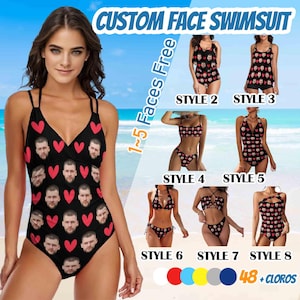 May include: Black swimsuit with a custom face and red heart pattern. The image shows different swimsuit styles, including a one-piece and various bikini styles. Text on the image reads "CUSTOM FACE SWIMSUIT" and "1-5 Faces Free".