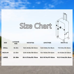 以下が含まれることがあります： インチとセンチメートルで測定された荷物用のサイズチャート。チャートには、小型、中型、大型のスーツケースの荷物サイズ、高さ、長さ、幅が表示されています。