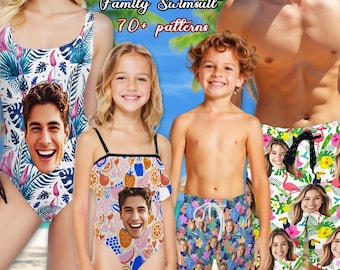 Custom Family Swimsuit for Men Women Funny Swim Trunks Face on Surf Trunk Board Short Photo Swim Trunks Best Father's Day Gift for Dad