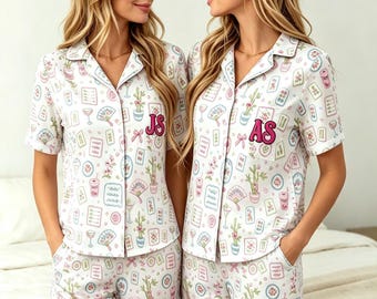 Custom Mahjong Pajamas, Personalized Women's Pajama Set, Birthday Gifts for Her, Mahjong Lover Gift