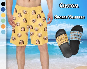 Custom Face Swim Trunk Men Beach Shorts Personalized Photo Swimwear Swim Trunks Best Gifts for Boyfriend Husband Couple Slipper Family Party