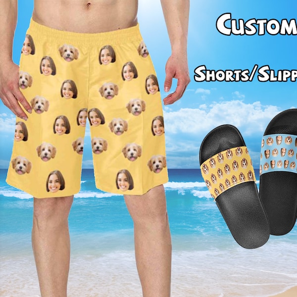 Custom Face Swim Trunk Men Beach Shorts Personalized Photo Swimwear Swim Trunks Best Gifts for Boyfriend Husband Couple Slipper Family Party