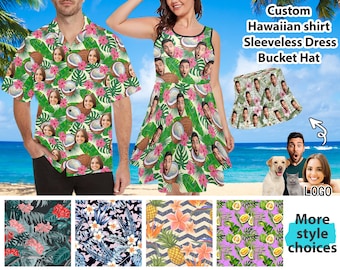 Customize Hawaiian Shirt with Face Custom Summer Floral Beach Dress for Women Personalized Couples Matching Outfit for Vacation Holiday Gift