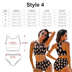 May include: A size chart for a swimsuit with measurements in inches and centimeters. The chart shows the size, length, 1/2 bust, 1/2 hip, and cup size. The swimsuit is black with a pattern of faces.