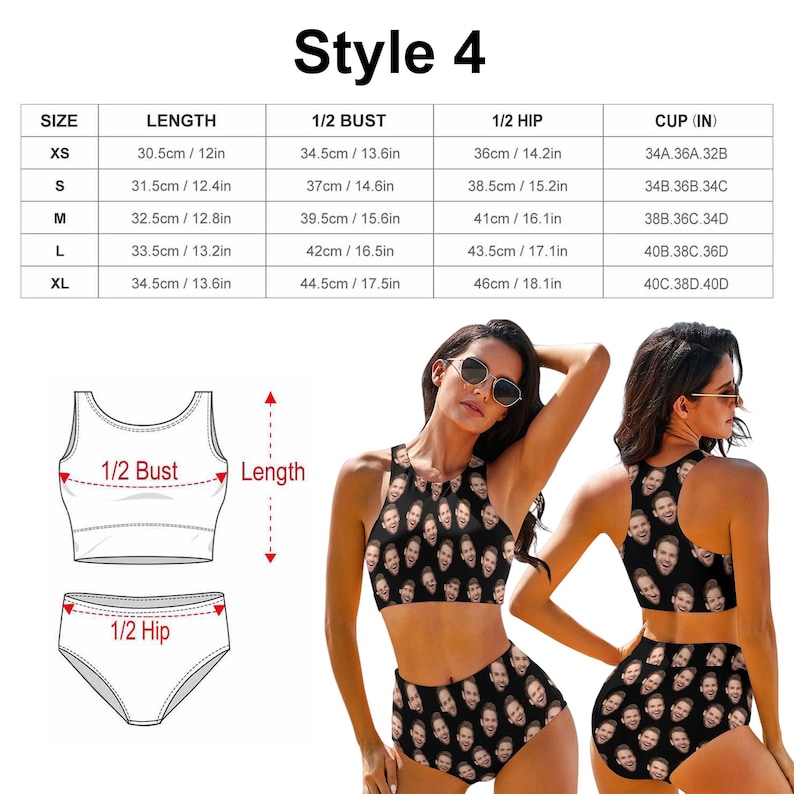 May include: A size chart for a swimsuit with measurements in inches and centimeters. The chart shows the size, length, 1/2 bust, 1/2 hip, and cup size. The swimsuit is black with a pattern of faces.