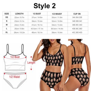 May include: A black and white two-piece swimsuit with a pattern of faces. The swimsuit has a crop top and high-waisted bottoms. The size chart shows measurements in centimeters and inches for bust, waist, and length. The chart also includes cup sizes in inches.