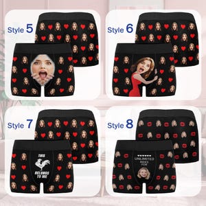 May include: Black boxer briefs with a repeating pattern of faces and red hearts. One pair features a face with an open mouth, another has a woman in a red dress, a third has a rooster graphic with the text "THIS BELONGS TO ME", and the last has the text "UNLIMITED RIDES FOR".
