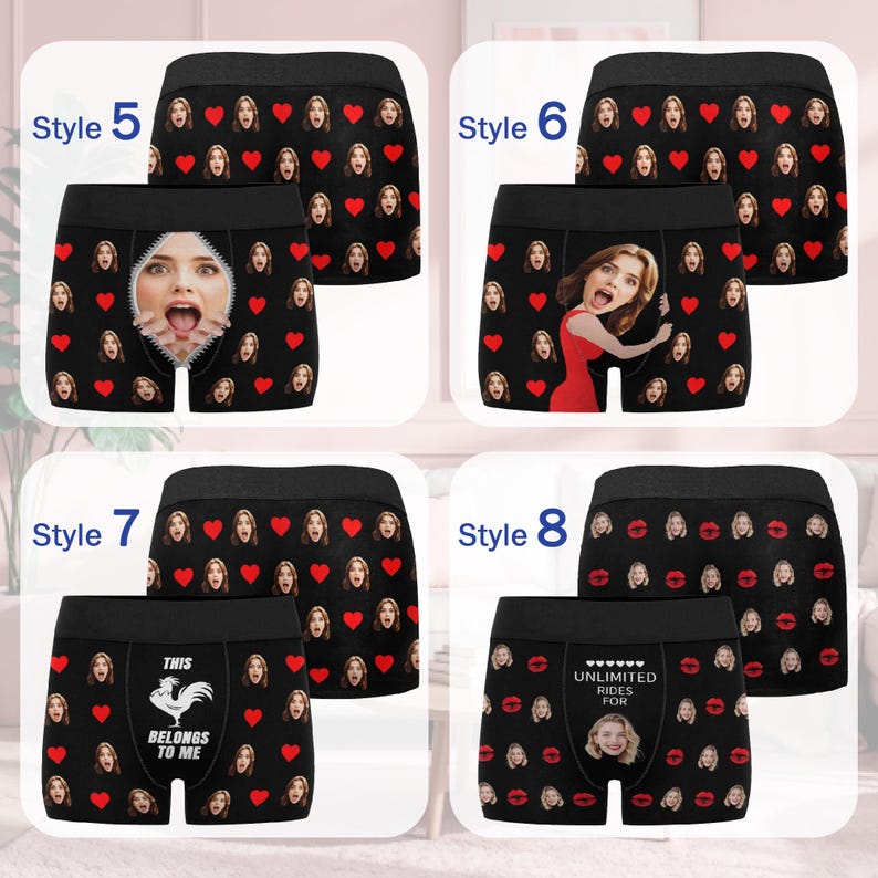 May include: Black boxer briefs with a repeating pattern of faces and red hearts. One pair features a face with an open mouth, another has a woman in a red dress, a third has a rooster graphic with the text "THIS BELONGS TO ME", and the last has the text "UNLIMITED RIDES FOR".