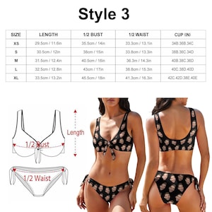 May include: A black bikini with a tie-front top and a high-cut bottom. The bikini is printed with a pattern of faces. A size chart is included with measurements in inches and centimeters for XS, S, M, L, and XL sizes.