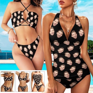 Custom Oversized Swimsuit with Photo,Personalized Multi-Faces Bathing Suit Customized Picture Print Swimwear Beach Party Gift for Her