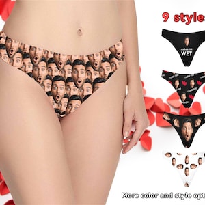 May include: A woman wearing black and white underwear with a pattern of multiple men's faces. The underwear is a cheeky style and has a low rise. The image also shows other styles of underwear with different patterns and colours. The text "9 styles" and "More colour and style options" is visible in the image.