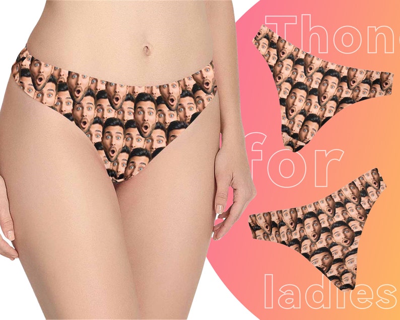 May include: A pair of black and white underwear with a pattern of many faces. The underwear is made of a soft, stretchy fabric and has a low rise.