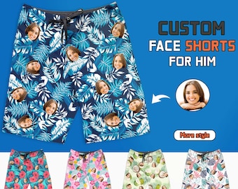 Custom Face Swim Trunk Men&#39;s Beach Shorts Personalized Photo Swimwear Swim Trunks Best Gifts for Boyfriend Husband Tropical Leaves