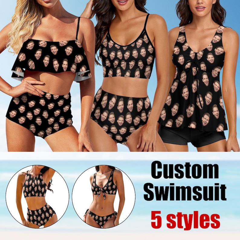 May include: Five different styles of custom swimsuits with a face print pattern. The swimsuits are black with a variety of styles including a halter top, a tankini, and a one-piece.