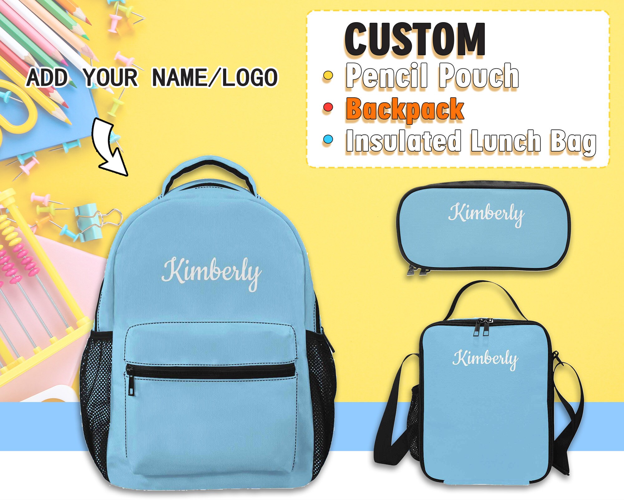 Personlized Name Bookbag Custom Logo Backpack Backpack College Backpack Travel Back to School Birthday Gifts Name Pencil Pouch Lunch Bag Etsy