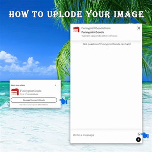 May include: Screenshot of a computer screen showing a message from FunnyprintGoods, a seller on Etsy. The message says "FunnyprintGoods from FunnyprintGoods Typically responds within 24 hours Got questions? FunnyprintGoods can help!" The message is in a white box with a red X in the top right corner. There is a blue arrow pointing to the message box. Below the message box is a white box with the text "Write a message" and a blue arrow pointing to the text box.