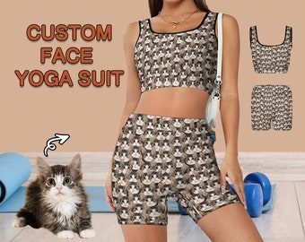 Custom Face Women's Yoga suit  Personalized Leggings Yoga Set Funny Pet Face Boho Leggings Birthday Gift for Girlfriend Workout Yoga Tights