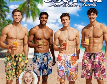 Custom Face Men Swimwear Personalized Men Bathing Suit Face on Beach Shorts Flamingo Beach Short Bachelor Men Swimwear Gift for Him Dad