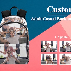 May include: A black backpack with a custom photo design featuring a family of five. The backpack has a zipper closure and adjustable straps. The photo design includes a family of five, with the parents holding their children. The text "Custom Adult Casual Backpack 1-5 photo" is visible on the image.
