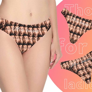 May include: A pair of black and white underwear with a repeating pattern of a man's face. The underwear has the text "Mrs. Knight" printed on it.