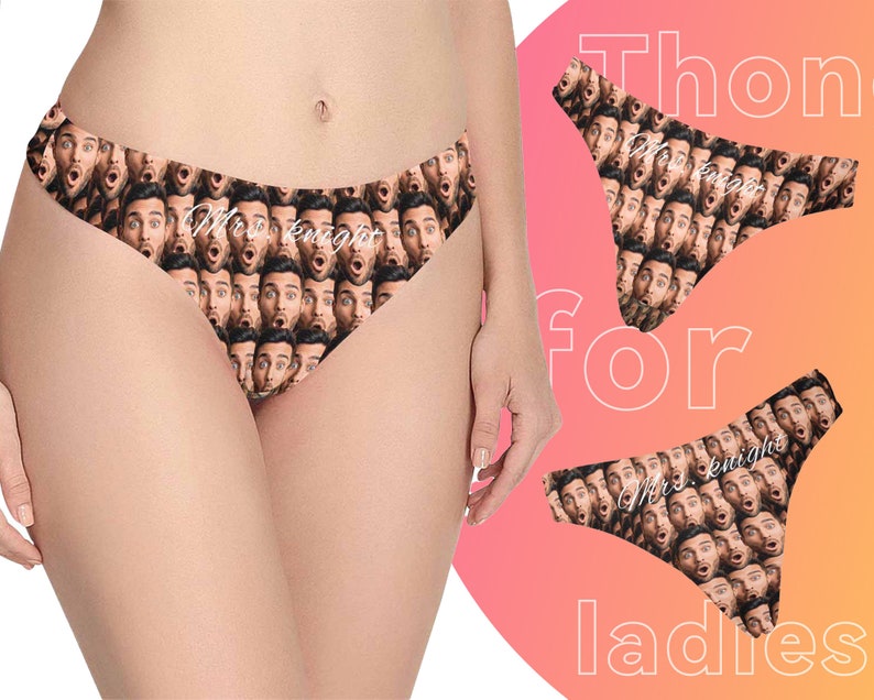 May include: A pair of black and white underwear with a repeating pattern of a man's face. The underwear has the text "Mrs. Knight" printed on it.