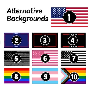 May include: Image featuring the text "Alternative Backgrounds" above a series of flag designs. Each flag has a number in a black circle. Flags include the American flag, rainbow flag, and others.