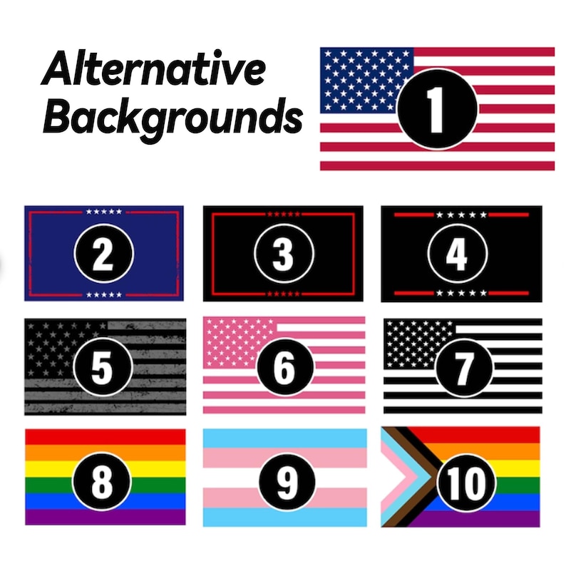 May include: Image featuring the text "Alternative Backgrounds" above a series of flag designs. Each flag has a number in a black circle. Flags include the American flag, rainbow flag, and others.