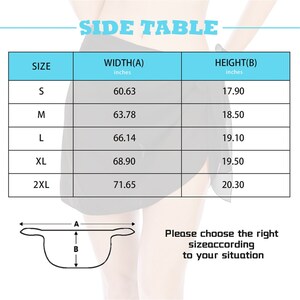 May include: Size chart for a skirt with measurements in inches. The chart shows the width and height of the skirt in inches for sizes S, M, L, XL, and 2XL.