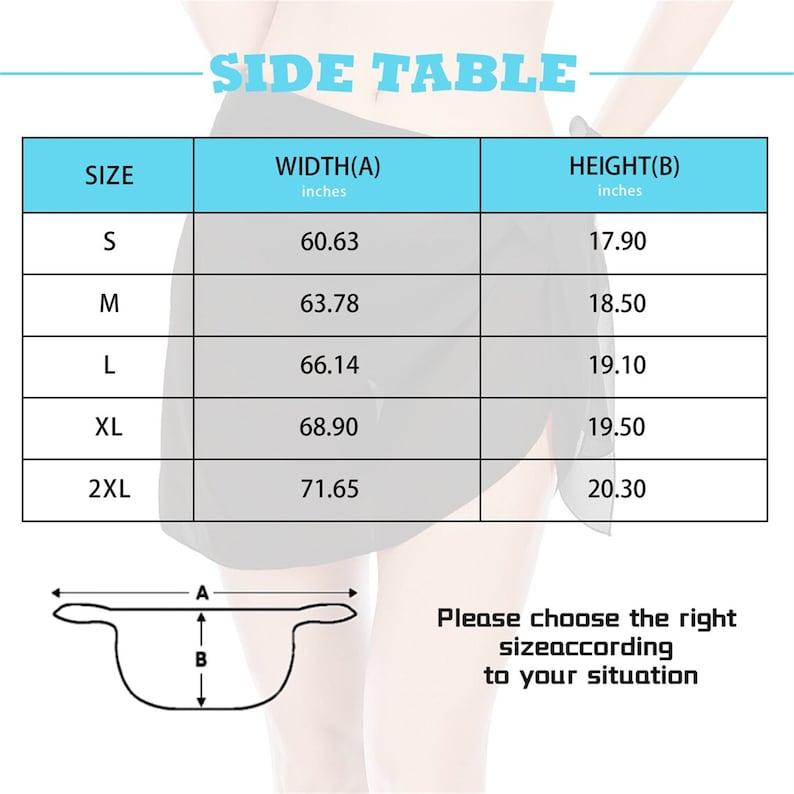 May include: Size chart for a skirt with measurements in inches. The chart shows the width and height of the skirt in inches for sizes S, M, L, XL, and 2XL.