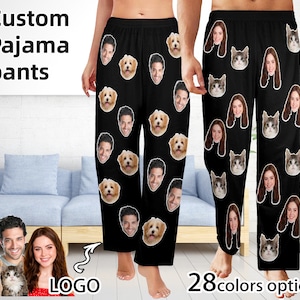May include: Custom pajama pants with a black background and a repeating pattern of faces and animals. The text "Custom Pajama pants" is at the top of the image. The text "28 colors options" is at the bottom of the image. The text "LOGO" is in the lower right corner of the image.