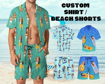 Custom Face Hawaiian Shirt Men Hawaiian Shirt Button Up Shirt Man Customize Shirt/Beach Shorts Gift for Him Christmas Funny Father Day Gift