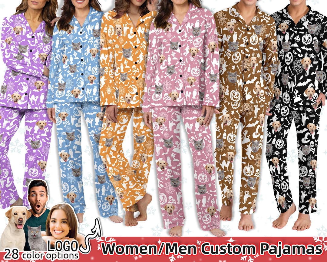 Halloween Pajamas Custom Pajama Set Personalized Pajama Set Custom Couples  Pajamas Pumpkin Party Long Sleeve PJS Face on PJS Christmas Gift 