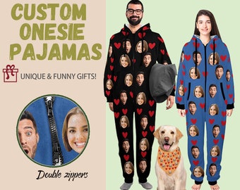 Custom Onesie Pajamas Lovers Adult Customize Zipper One-Piece Pajamas Personalized Face PJS with Photo Couples Onsies PJS Christmas Gift