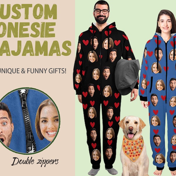 Custom Onesie Pajamas Lovers Adult Customize Zipper One-Piece Pajamas Personalized Face PJS with Photo Couples Onsies PJS Christmas Gift