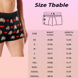 May include: Black boxer briefs with a repeating pattern of faces and red hearts. The image includes a size chart with waist and length measurements in inches for sizes XS to XXXXXL. The text "Size Tbable" is at the top.