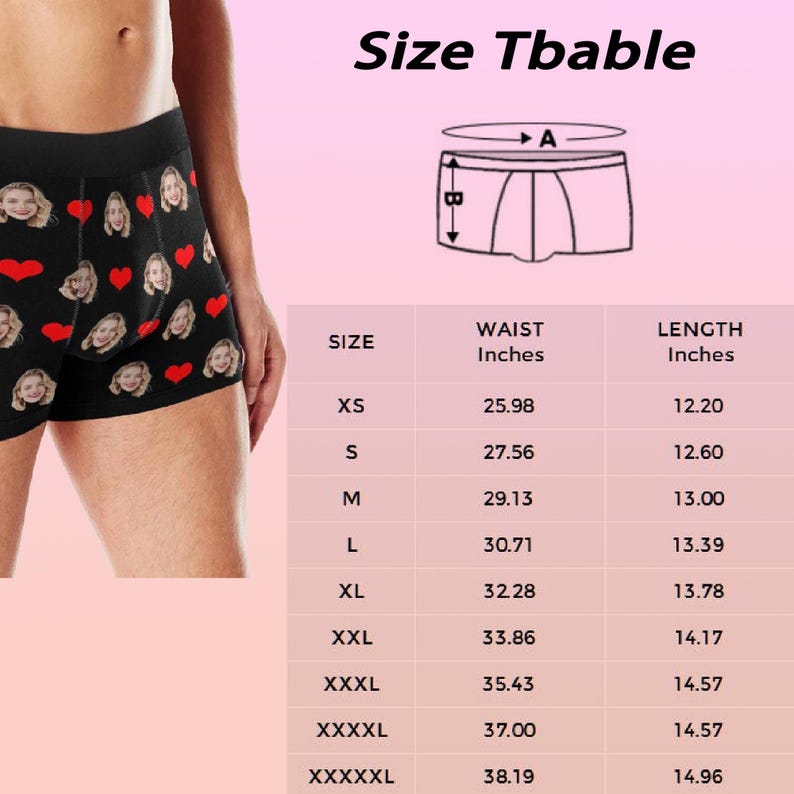 May include: Black boxer briefs with a repeating pattern of faces and red hearts. The image includes a size chart with waist and length measurements in inches for sizes XS to XXXXXL. The text "Size Tbable" is at the top.
