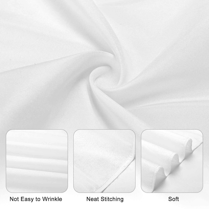 May include: Close-up of white fabric with a soft texture. The image highlights the fabric's features, including its resistance to wrinkles and neat stitching. The word "Soft" is also displayed.