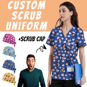 Personaliseer scrubtop voor volwassenen Aangepaste chirurgische scrub met gezicht Chirurgische scrubhoed Unisex scrub cadeau vrouwelijke verpleegkundige set vrienden Valentijnsdag
