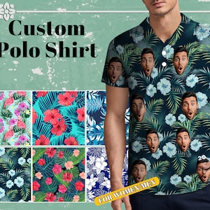 Könnte beinhalten: Individuelle Poloshirt mit tropischem Druck mit mehreren Gesichtern und grünen Blättern. Das Shirt ist in verschiedenen Farben und Mustern erhältlich. "Für Frauen/Männer" steht am unteren Rand des Bildes.