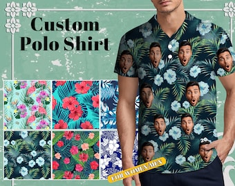 Custom Polo Hawaiian Shirt with Face Personalized Short Sleeve Golf Shirt Photo Polo Shirt Gifts for Boss Vacation Party Mother/Father Day